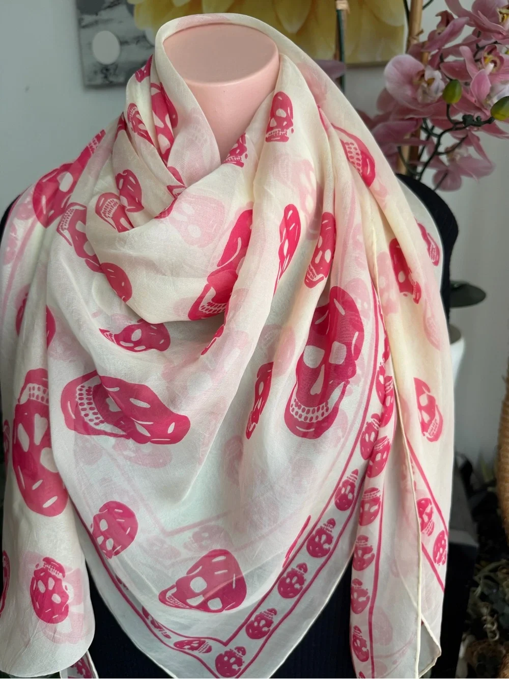 Alexander McQueen Sheer Pink Skull Print Wrap Silk Scarf.